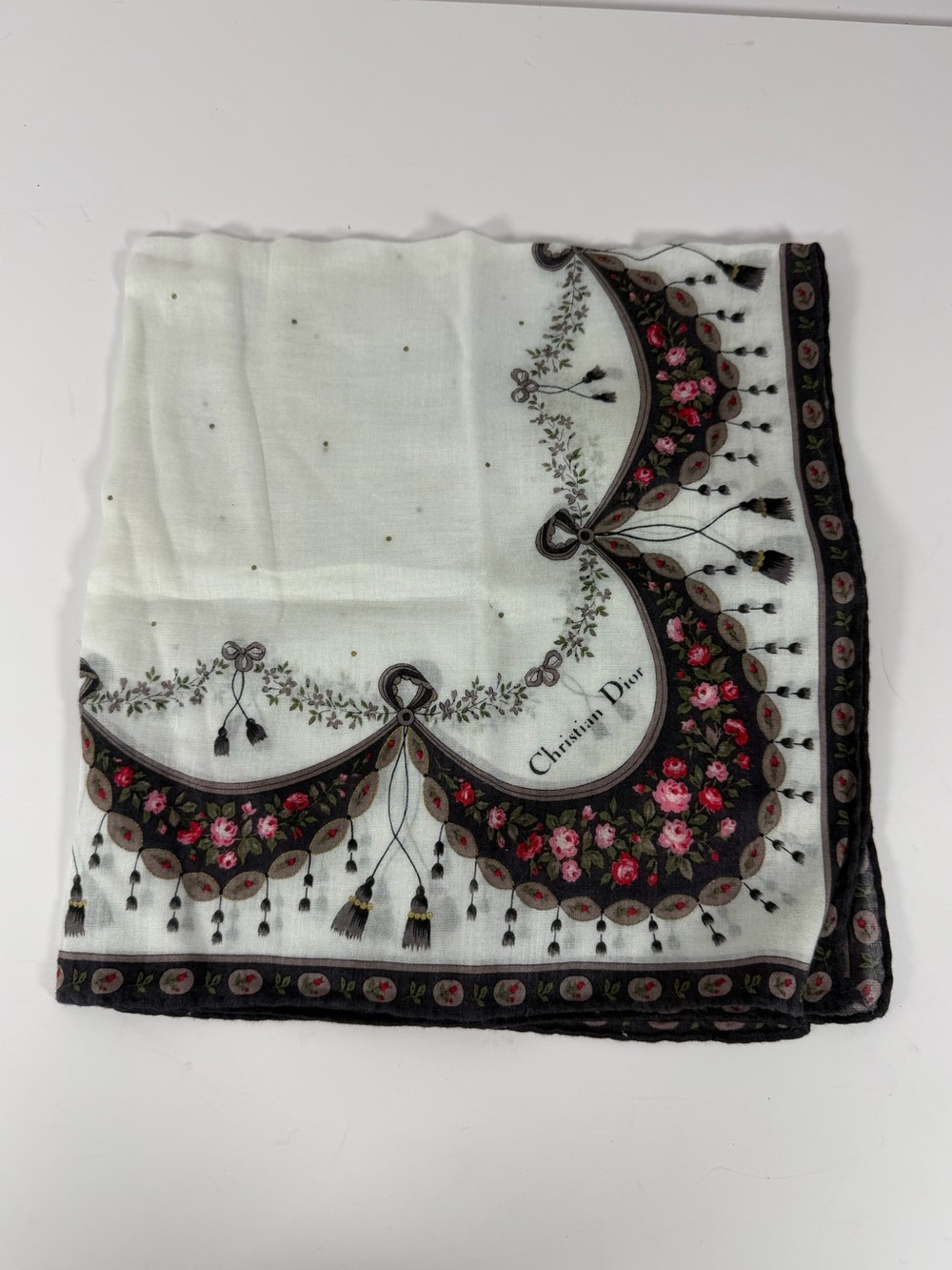 Vintage Christian Dior Floral Tassel Handkerchief Scarf Ivory Black
